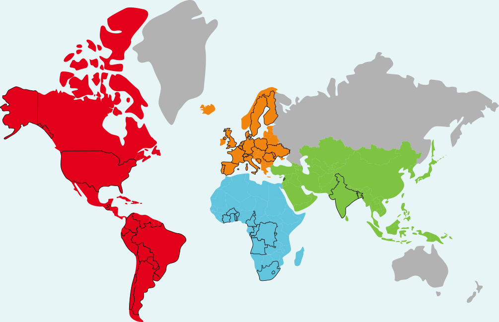 Las regiones de África, América, Asia y Europa en un mapamundi