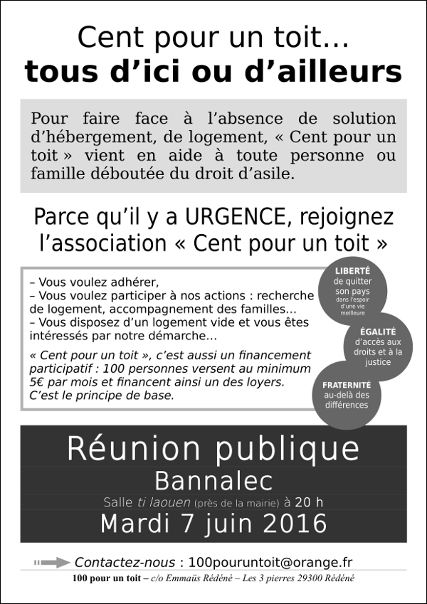 -tThe same situation arose in May 2015, leading us to set up this collective project. This meant we had to apply to form the organisation ‘cent pour un toit’.rn-tOn 14 July 2015 (very symbolic as this is France’s National Day), the organisation received a receipt of its application from the prefecture.rn-tThe ceremony for a republican sponsor held on 16 July 2015 brought together 80 people from different backgrounds, ten sponsors and all of the families who had received support since November 2014. It celebrated our investment and the involvement of local elected representatives.