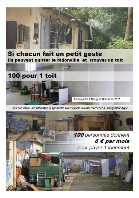 If everyone makes a small effortrnThey will be able to leave the slum and have a roof over their headsrn100 POUR 1 TOIT (100 for 1 Roof)rnTo offer an alternative which would allow homeless migrants to have access to dignified housingrn100 people giving €6 a month to pay for housing