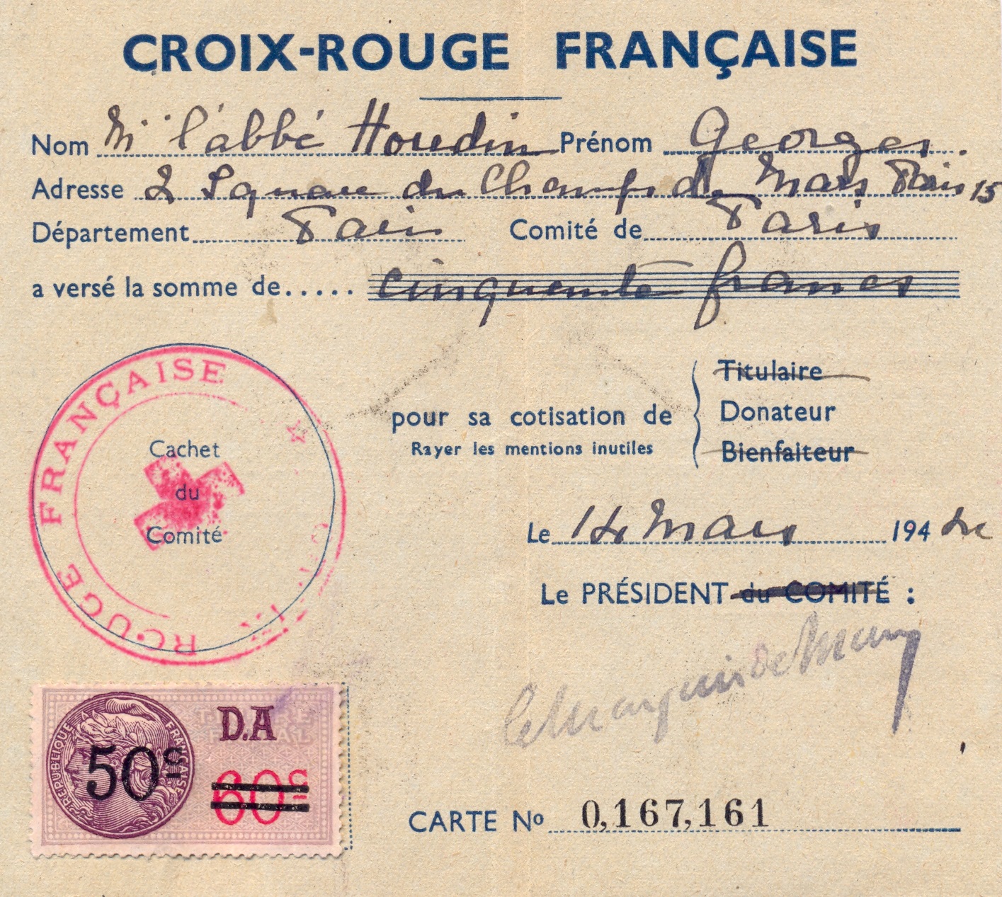 Fausse carte d'adhérent à la Croix-Rouge Française au nom d'emprunt de l'abbé Georges Houdin, 14 mars 1944. ©Emmaüs International